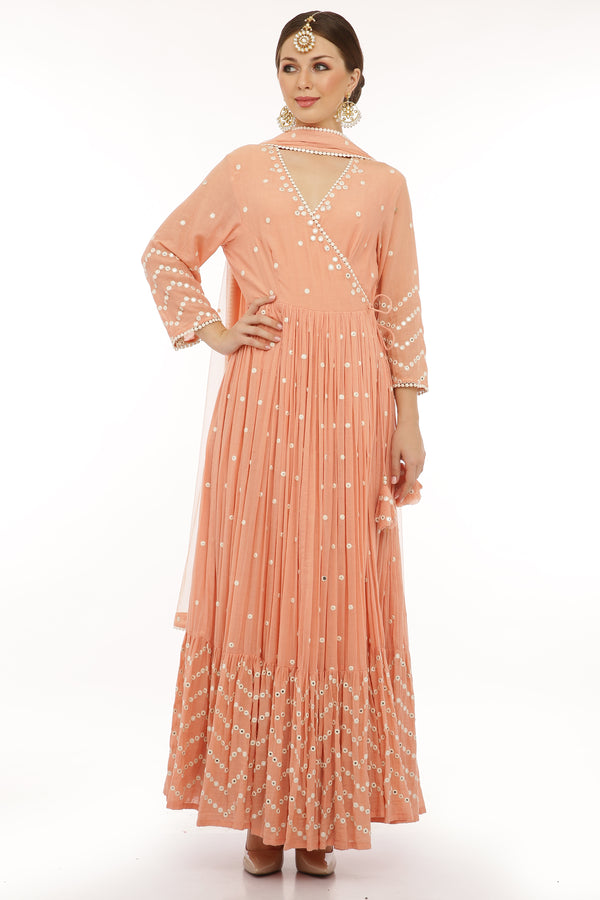 Peach Zig-zag Angrakha with Dupatta