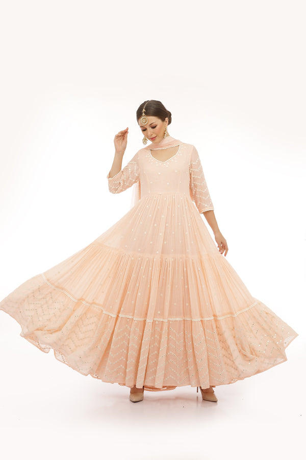 Blush Pink 4 Tier Zig-zag Embroidered Anarkali with Dupatta