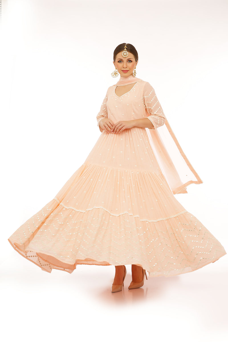 Blush Pink 4 Tier Zig-zag Embroidered Anarkali with Dupatta