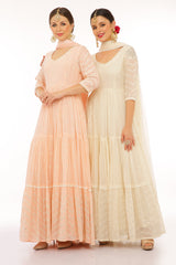 Off White 4 Tier Zig-zag Embroidered Anarkali with Dupatta