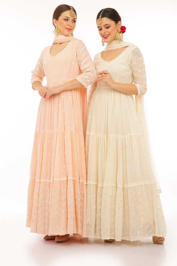 Blush Pink 4 Tier Zig-zag Embroidered Anarkali with Dupatta