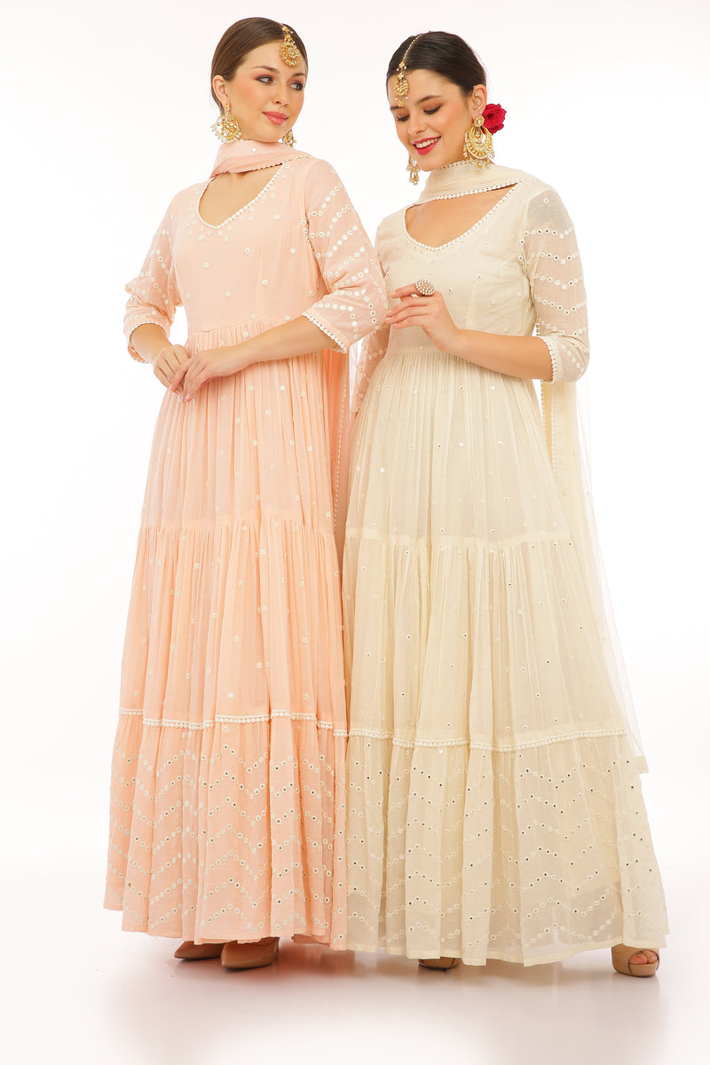 Blush Pink 4 Tier Zig-zag Embroidered Anarkali with Dupatta