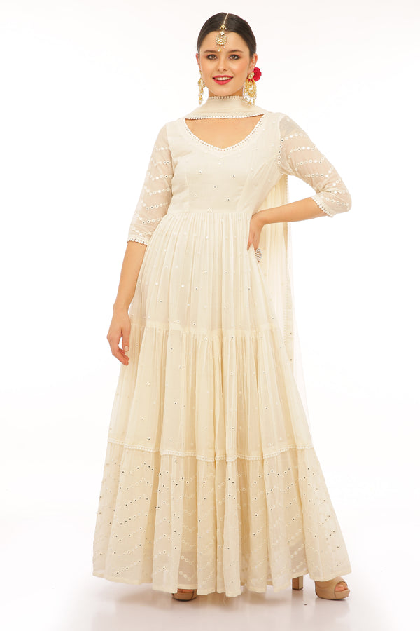 Off White 4 Tier Zig-zag Embroidered Anarkali with Dupatta