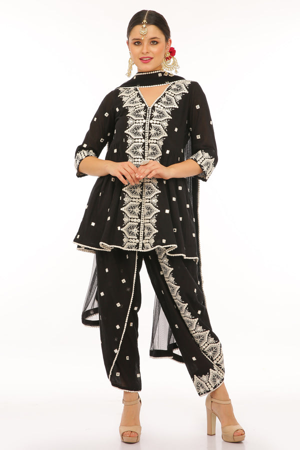 Black Temple Kurta with one side embroidered Dhoti Pants
