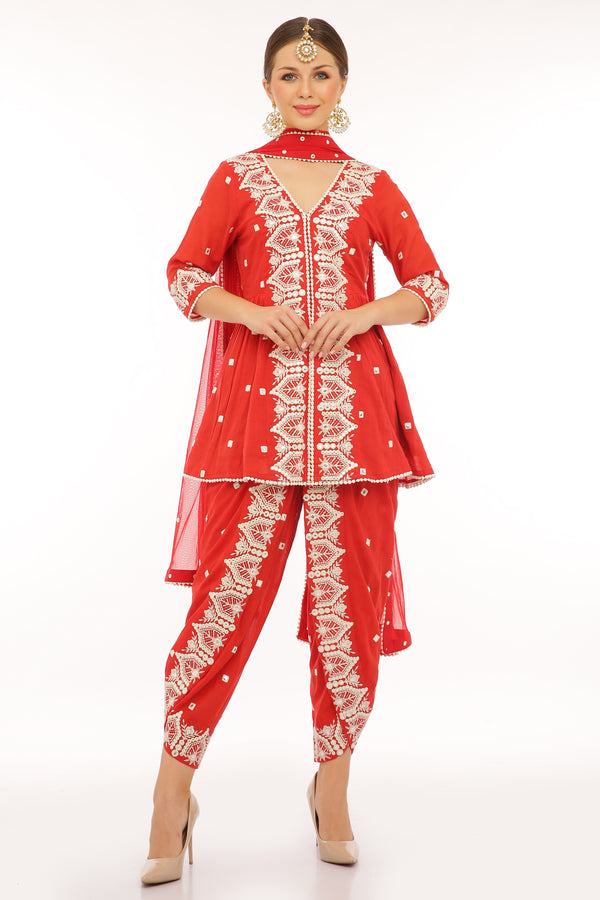 Red Temple Kurta with double side embroidered Dhoti Pants