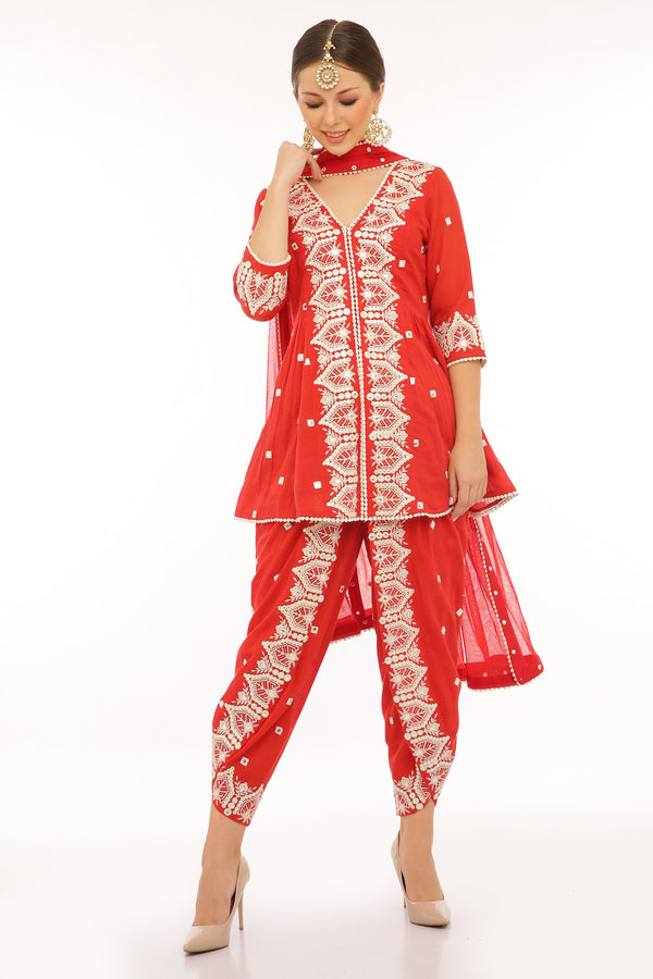 Red Temple Kurta with double side embroidered Dhoti Pants