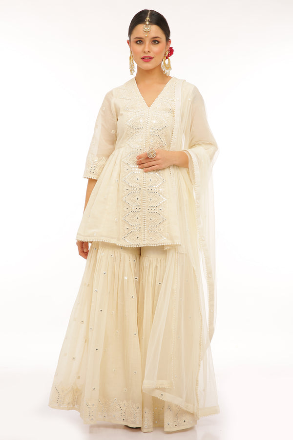 Off White A-line Embroidered Temple Sharara